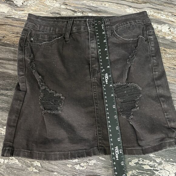 Judy Blue Womens Mini Skirt Small Black Distressed Stretch Logo Denim - Picture 9 of 10